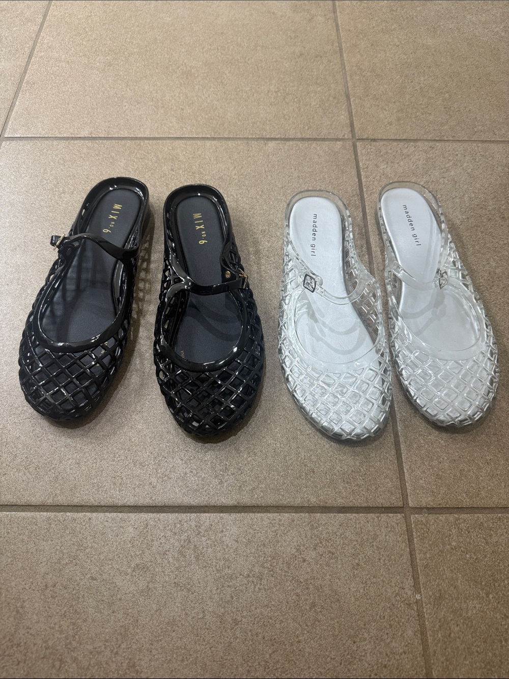 Madden Girl Clear Jelly Mary Jane Mules in Black and White